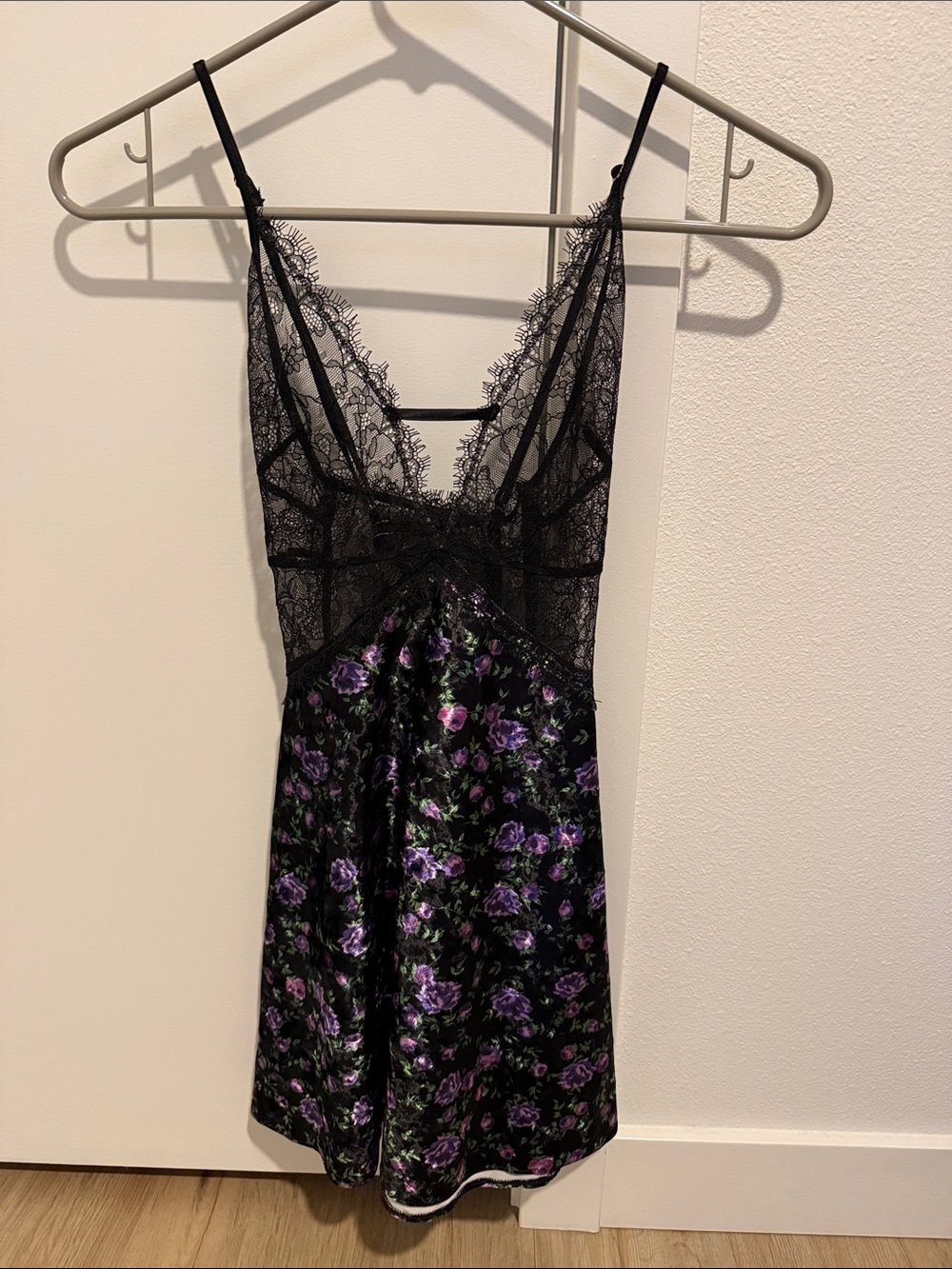 Victoria's Secret Black Velvet Lace Slip with Purple Accents